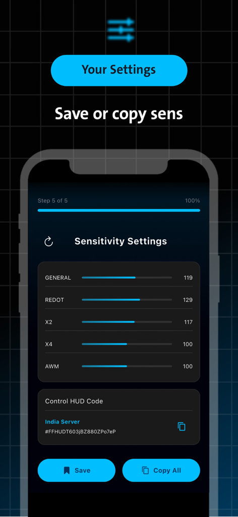 Sensitivity FFx Tool & ChatBot - Interface mostrando controles deslizantes de sensibilidade para mira geral com ponto vermelho e mira de sniper com um código de HUD compartilhável