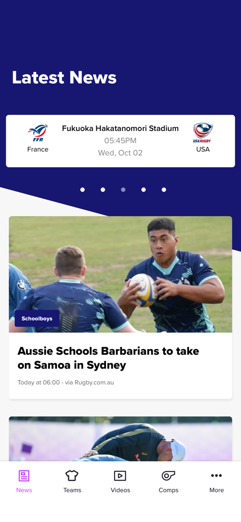 Rugby Xplorer app latest news screen featuring a France vs USA match schedule and a rugby article about the Aussie Schools Barbarians