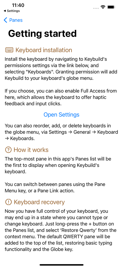 Keybuild - Keybuildアプリのオンボーディング画面。キーボードのインストールと復元の手順を表示。