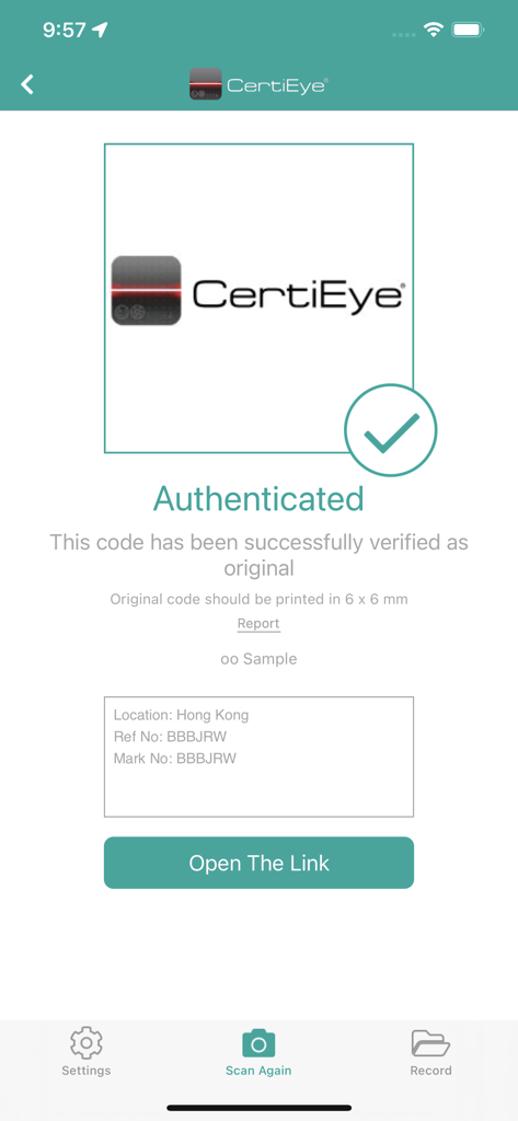 CertiEye mobile app screen showing a successful authentication message with a green checkmark for a verified original product