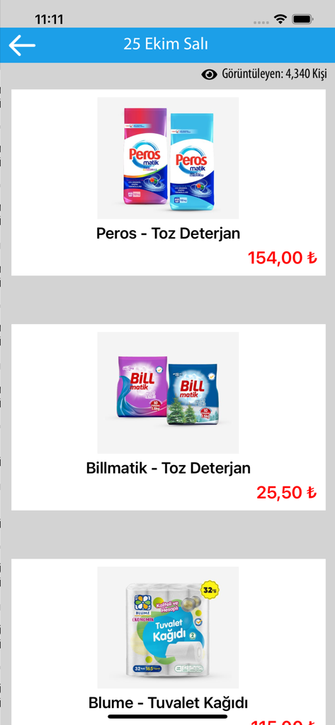 Aktüel Ürünler (Güncel) - Interface d'une application mobile montrant les prix réduits de détergent à lessive et de papier toilette en livres turques