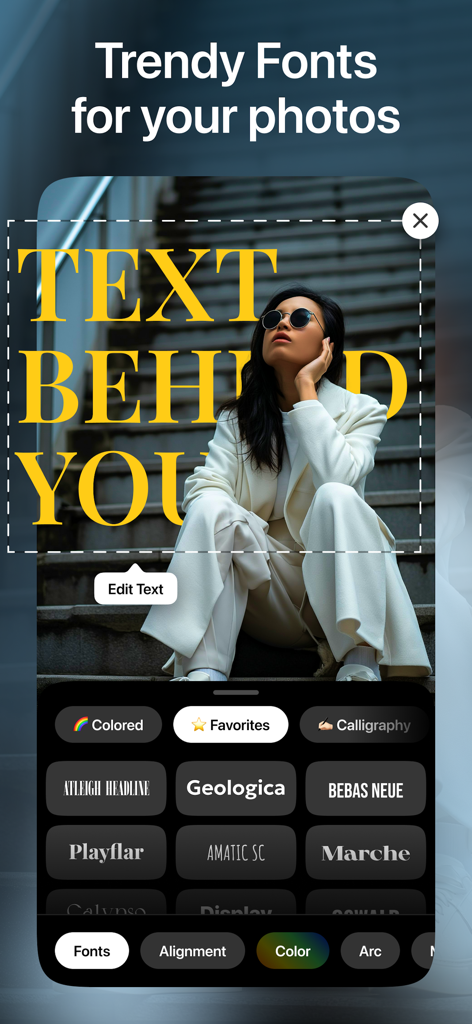 Interface d'une application mobile montrant une photo avec du texte jaune superposé derrière une femme, avec diverses options de polices tendance affichées en dessous.
