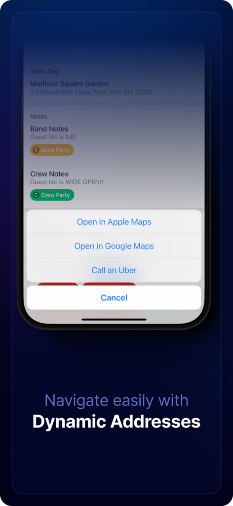 Daysheets - Daysheets app interface showing navigation options for tour venue addresses including Apple Maps and Uber.