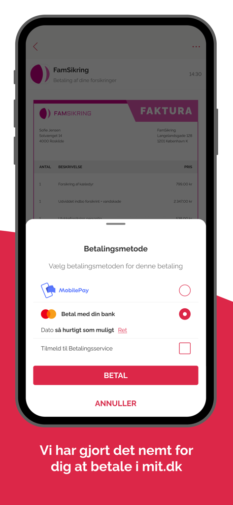 mit.dk - Una schermata mobile dell'app mit.dk che mostra un'interfaccia di pagamento per una fattura con opzioni per MobilePay e bonifico bancario.