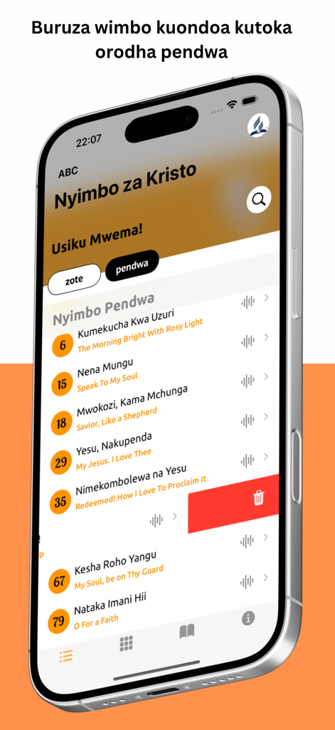 Nyimbo Za Kristo - Interfaz de la aplicación Nyimbo Za Kristo que muestra una lista de himnos favoritos en suajili en un iPhone