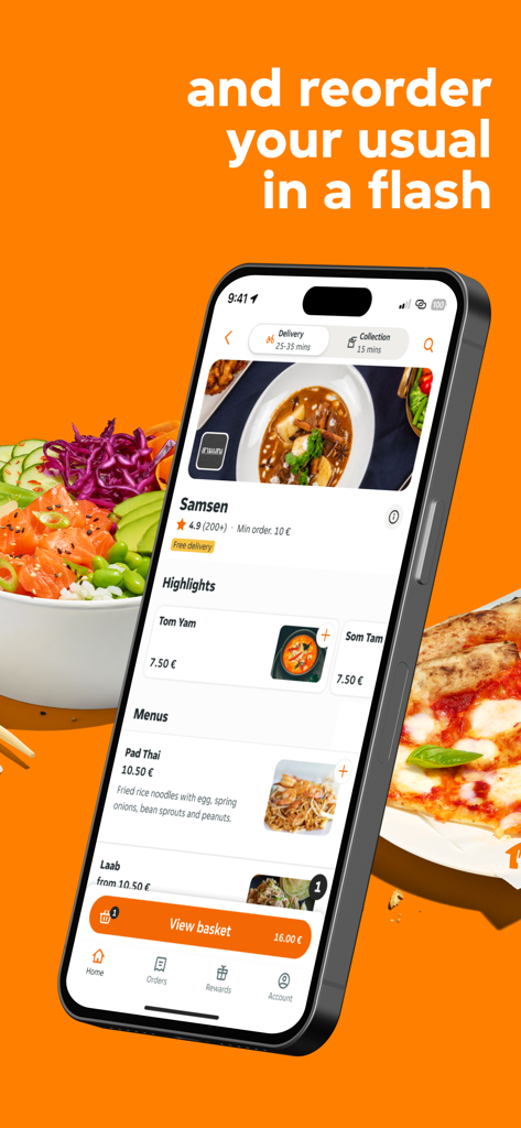 A smartphone displaying the Bistro.sk app menu with Thai food options and a reorder prompt on an orange background.