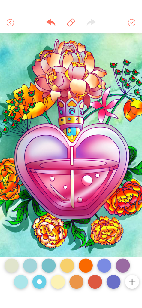 Color Fever - Color by Number - Heart shaped perfume bottle with vibrant flowers in a digital coloring app