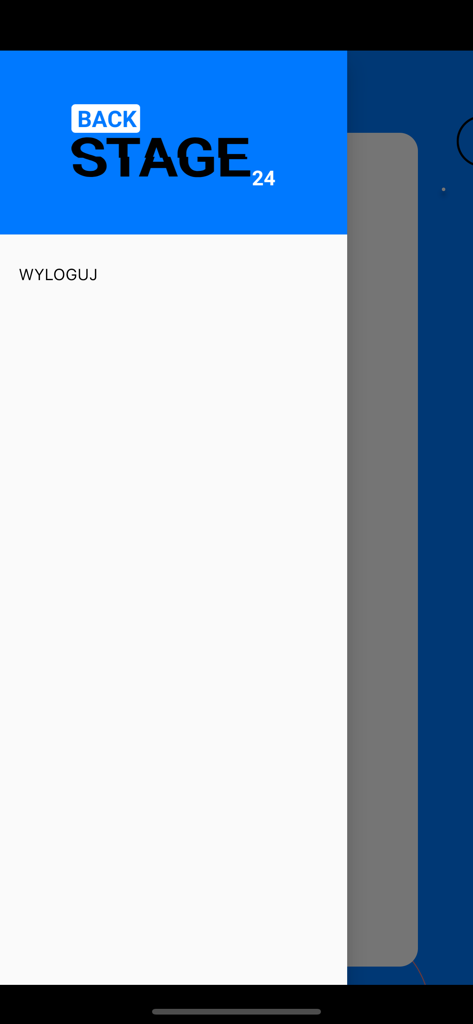 Stage24 App Seitennavigationsmenü mit dem BackStage24-Logo und der Logout-Option.