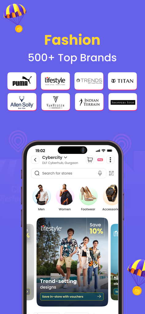 Interface do aplicativo Magicpin mostrando categoria de moda com as principais marcas como Puma e Lifestyle e vouchers de economia em lojas físicas