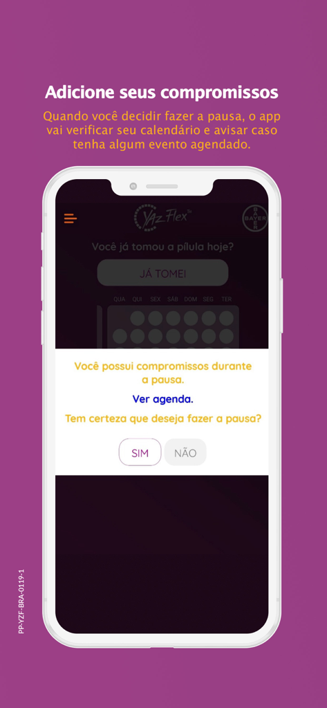 Yaz Flex - Yaz Flexアプリのインターフェースで、計画された休薬期間中の予定イベントに関する通知が表示されています。