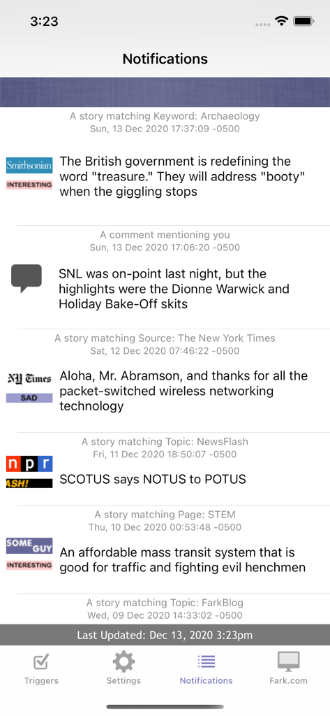 The notifications screen of the Hey on Fark app displaying curated news headlines and custom keyword alerts