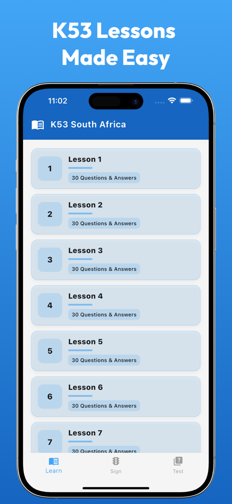 K53 driving lessons list on mobile app screen