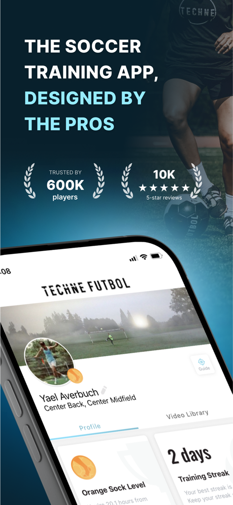 Techne Futbol soccer training app interface displaying user profile and training stats