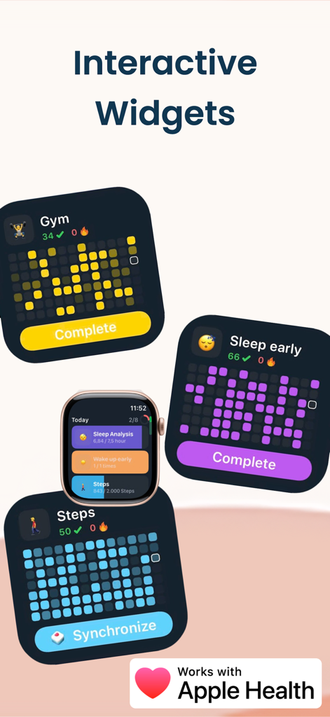 Habit Tracker - HabitPal - Habit Tracker HabitPal app interface featuring interactive widgets for gym and sleep tracking plus Apple Watch integration