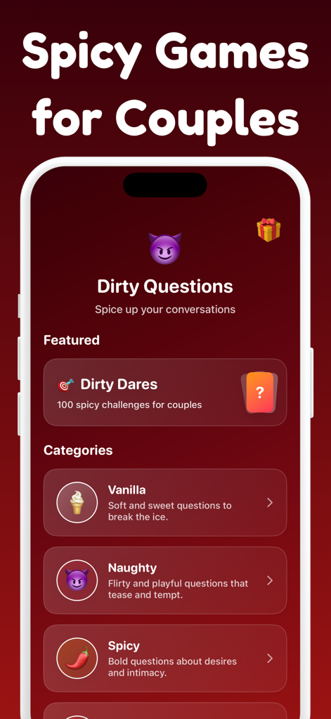 Dirty Questions - Exposed game - Interface of Dirty Questions app showing different game categories like Vanilla Naughty and Spicy for couples