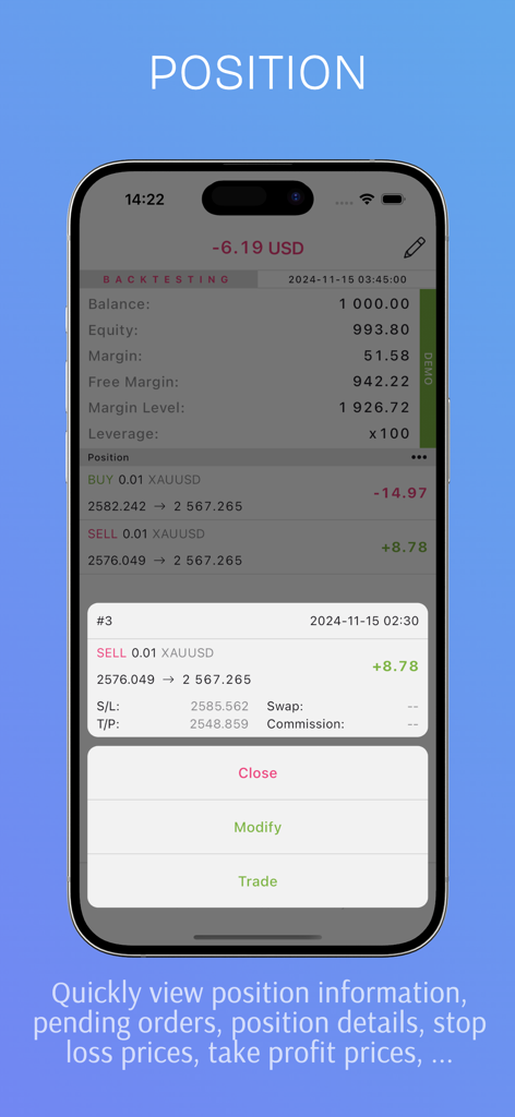 Forex Backtest - Aplicación Forex Backtest mostrando detalles de la posición de trading y el saldo de la cuenta en un smartphone