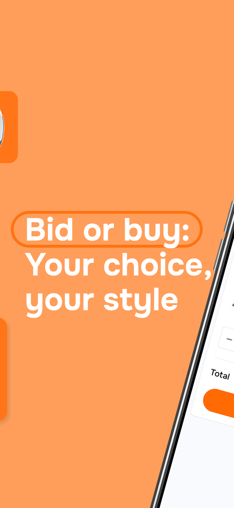Interface de l'application Bob Shop montrant le slogan "Bid or buy Your choice your style" sur fond orange