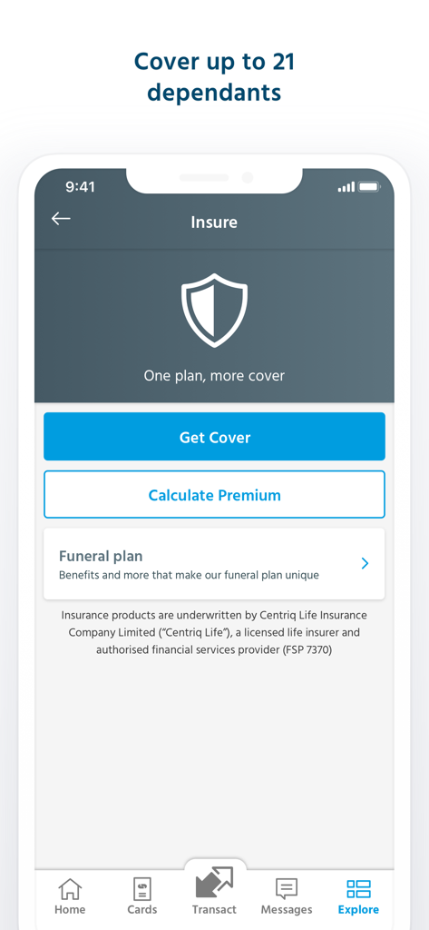 Capitec Bank - Écran de l'application Capitec Bank montrant les options d'assurance, y compris les plans funéraires et les calculs de primes.