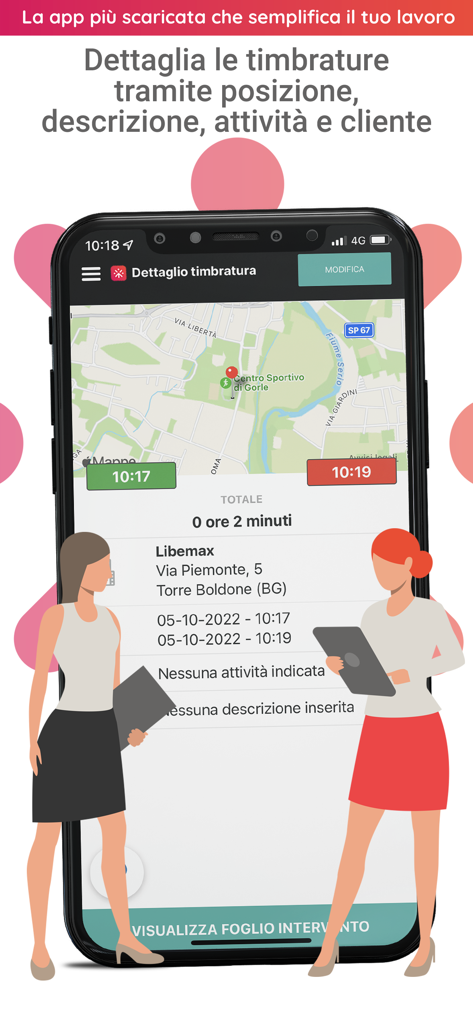 Rilevazione presenze e accessi - Oberfläche einer mobilen App, die GPS-verifizierte Arbeitsstunden und Standortdetails für Mitarbeiter anzeigt