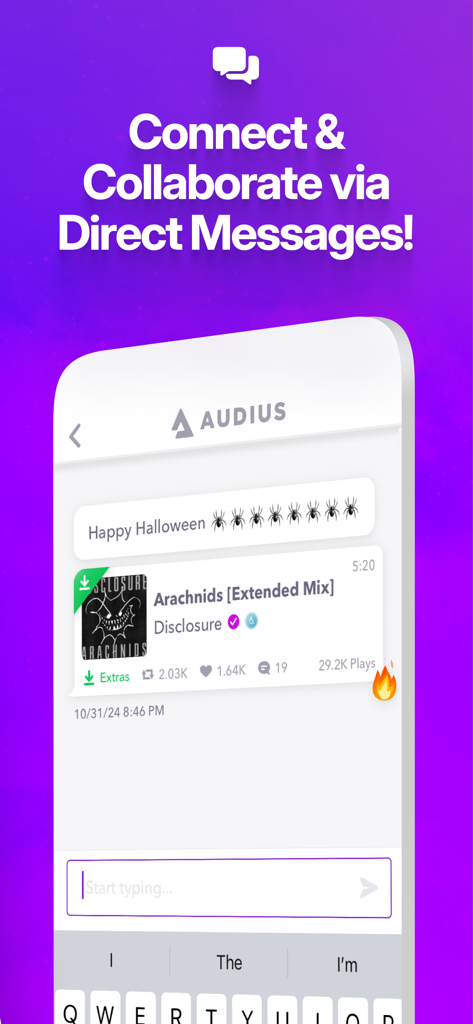 Audius Music app direct message screen showing a shared track for collaboration.