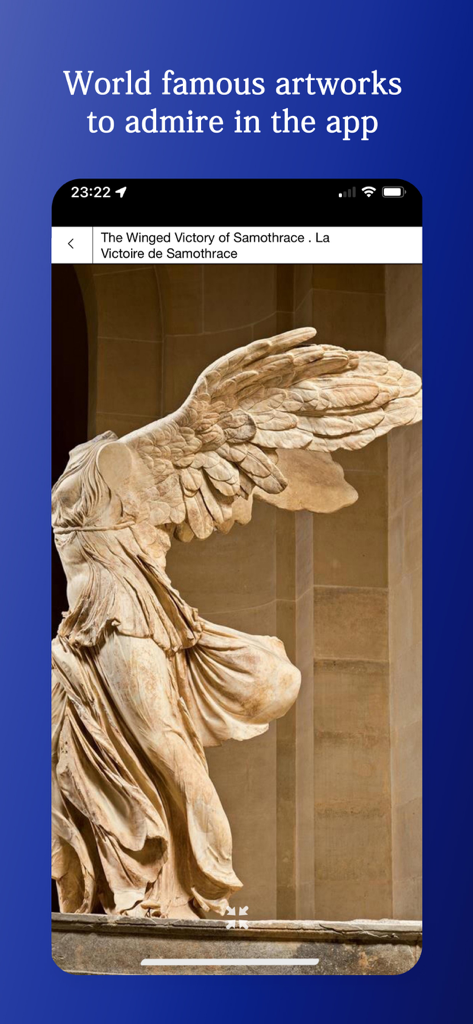 Audio Guide Louvre Museum - A screenshot of the Audio Guide Louvre Museum app displaying a high-resolution image of the Winged Victory of Samothrace statue.