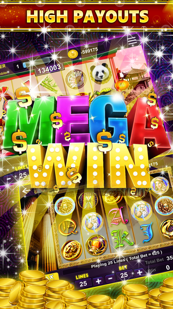Lucky Seven Free Casino Slots - Mega win screen in Lucky Seven Free Casino Slots app with gold coins and Greek themed reels