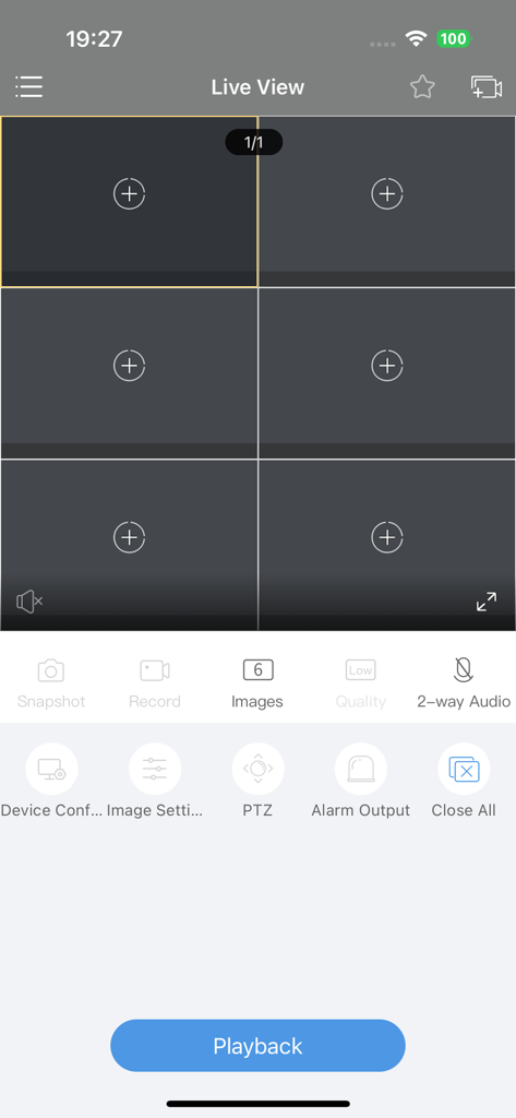 Guard Viewer - Live-Ansicht der Guard Viewer App mit einem Raster-Layout für mehrere Überwachungskamera-Feeds