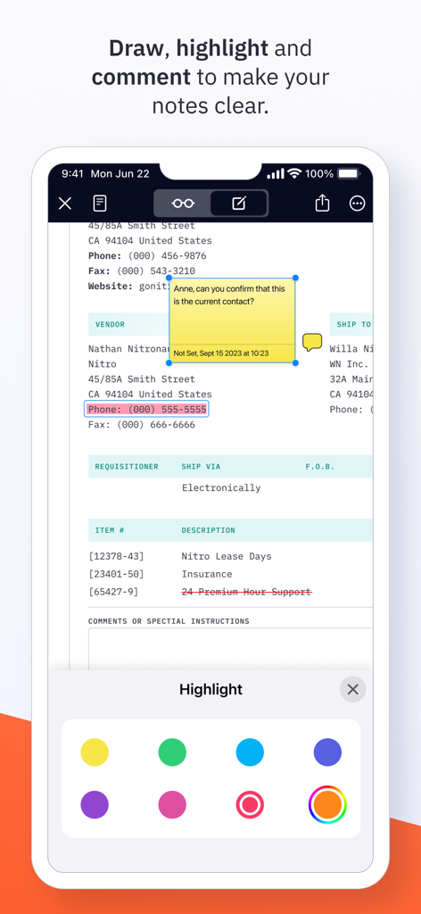 Nitro PDF Pro: Read & Edit - Interface do aplicativo Nitro PDF Pro mostrando destaque de documentos e comentários de notas adesivas em um dispositivo móvel