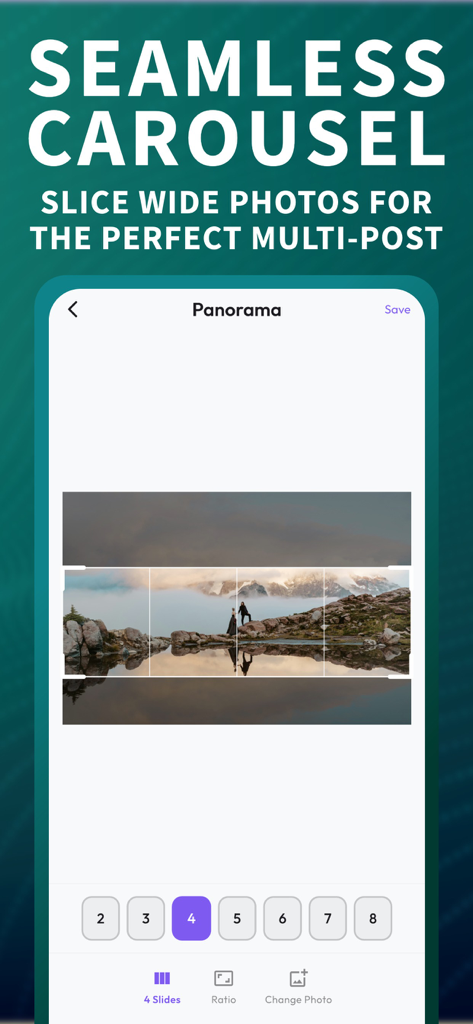Photo Grid and Collage Maker app interface demonstrating the seamless carousel feature for slicing a panoramic landscape into multiple slides