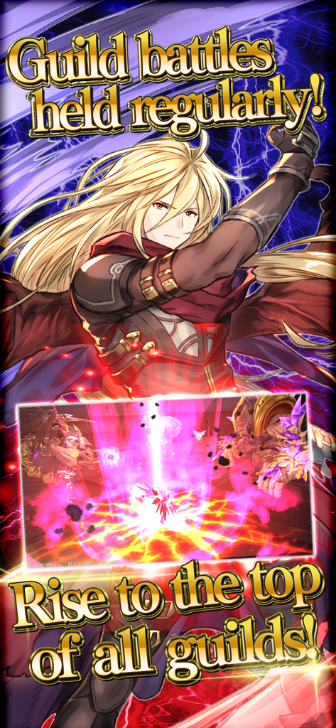 Avabel Online -Tower of Bonds- - ギルドバトルを宣伝するアニメキャラクターと戦闘シーン。アヴァベルオンライン。