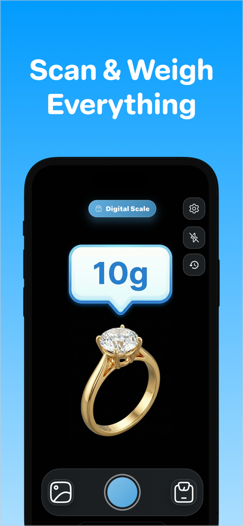 Pesa: Digital Scale for Grams - Pesa 앱 인터페이스에 다이아몬드 반지에 대한 10그램의 디지털 저울 판독값이 표시됩니다.
