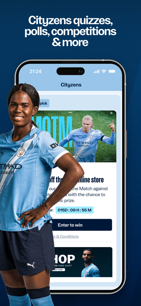 Manchester City Official App - Bildschirm der Manchester City App, der Cityzens-Prämien, Quiz und Wettbewerbe zeigt.