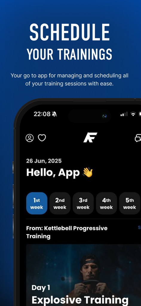 AFFit Kettlebell Workouts - AFFit app interface for scheduling kettlebell training sessions and viewing weekly workout programs