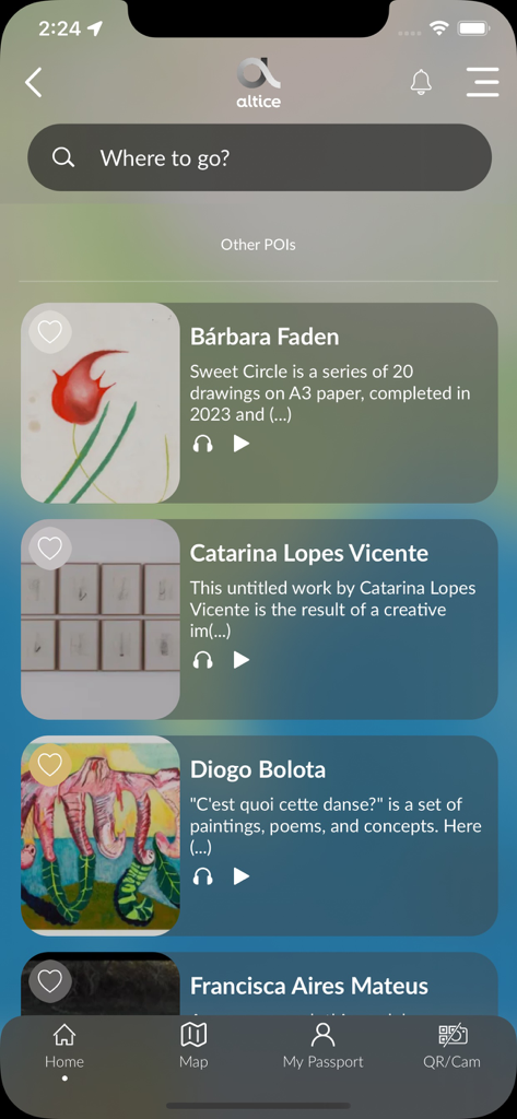Fundação Altice - Uma tela de aplicativo móvel mostrando uma lista de artistas contemporâneos e suas obras com opções de guia de áudio.