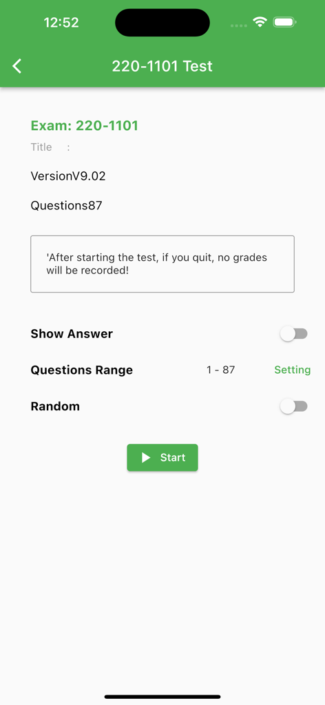 Ice Cert Engines - Ice Cert Engines app start screen for certification exam 220-1101 with question settings