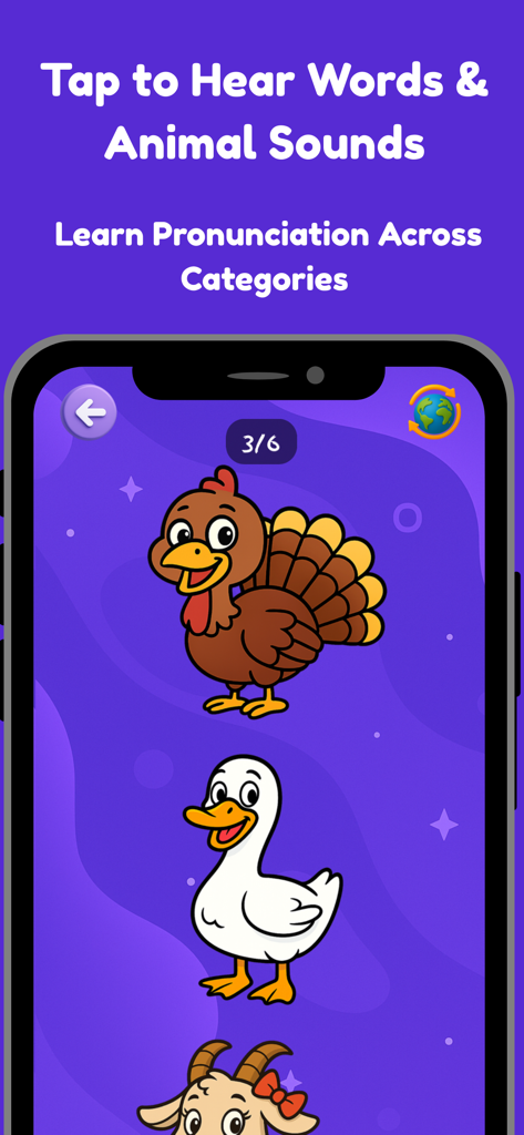 MiaLoo: Toddler Learning Games - Captura de pantalla de la aplicación MiaLoo que muestra sonidos de animales interactivos y aprendizaje de pronunciación para niños pequeños.