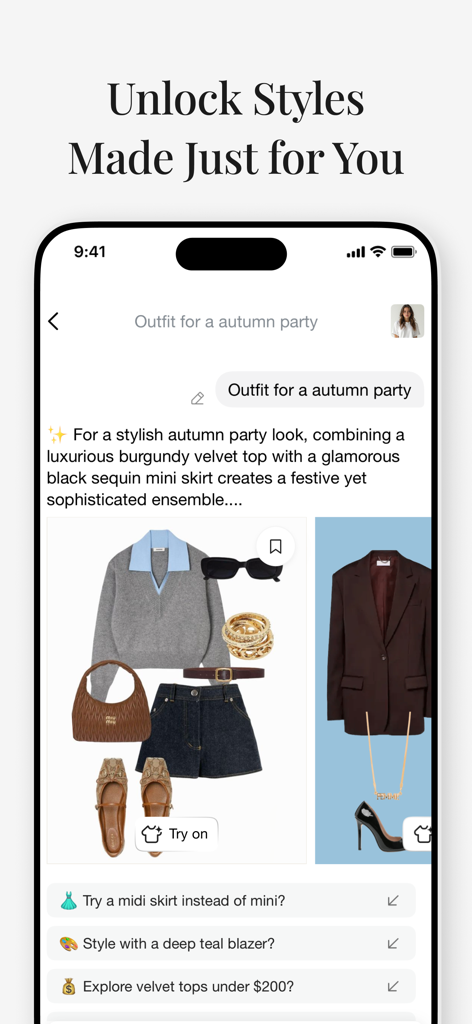 Interface of the Gensmo AI Stylist app showing personalized outfit recommendations for an autumn party with a fashion collage and style suggestions.