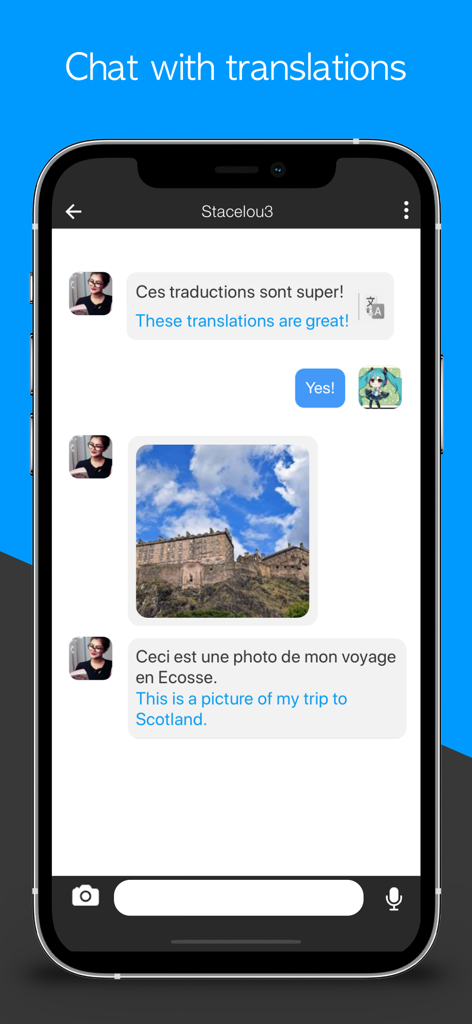 Unbordered Foreign Friend Chat - Chat interface in the Unbordered app showing instant translation of French messages into English with a shared travel photo of a castle.