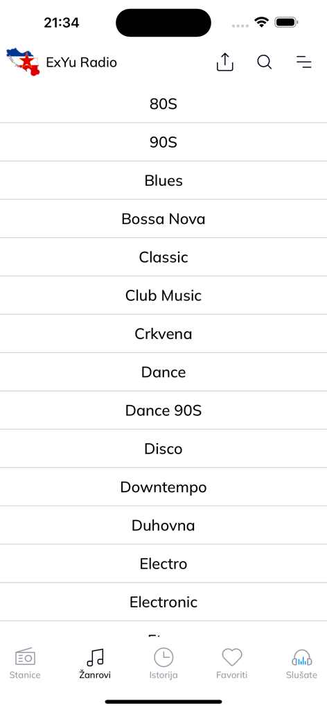 Liste der Musikgenres in der ExYu Radio App, einschließlich 80er, 90er und verschiedener Balkan-Musikstile