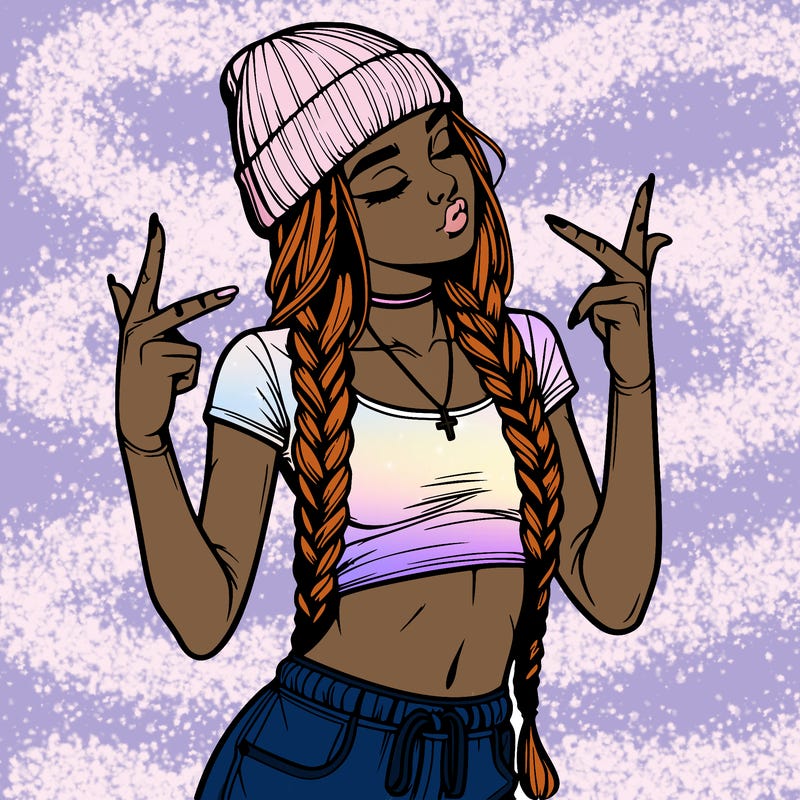 realistic teenage girl with braids and a beanie and crop top doing 🫶🏼