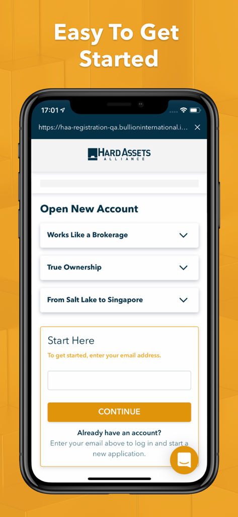 Hard Assets Alliance - A mobile screen showing the Hard Assets Alliance app Open New Account page with an email signup field