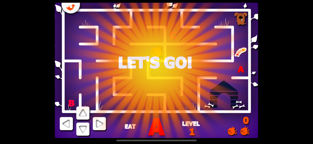 Jugabilidad de Gato y Perro que muestra un nivel de laberinto educativo del abecedario con una pantalla de inicio 'Vamos'.