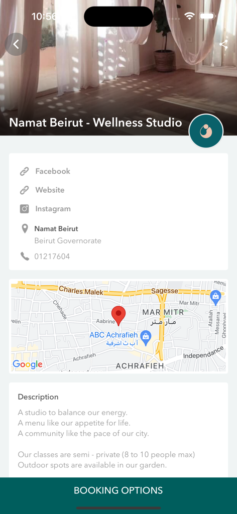 Namat Beirut - Namat Beirut app screen showing wellness studio location map and booking details