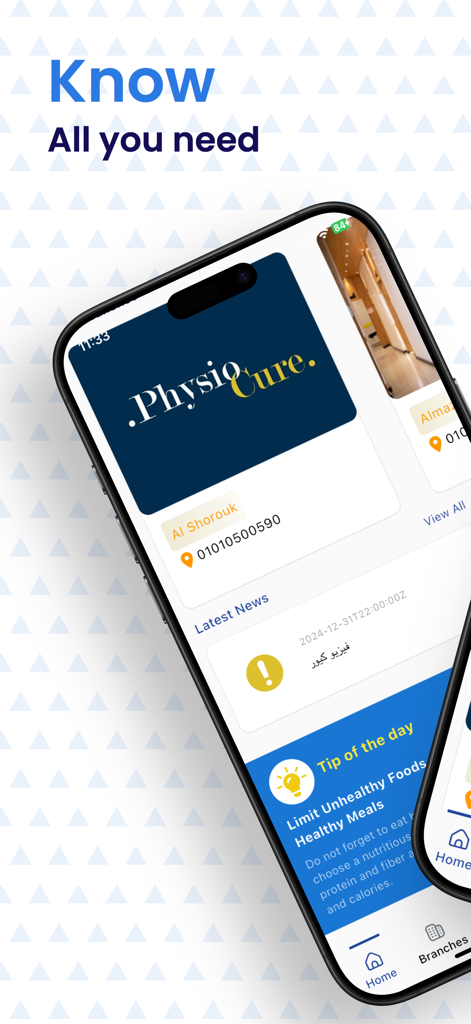 Physio Cure - Interfaz de la aplicación móvil Physio Cure mostrando información de sucursales de clínicas y consejos de vida saludable