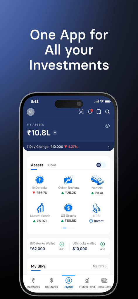 Painel do aplicativo INDmoney exibindo uma visão consolidada de ativos de investimento globais, incluindo ações e fundos mútuos