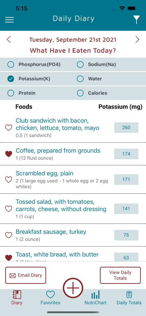 KidneyDiet - Daily diary screen of the KidneyDiet app showing potassium tracking for various foods