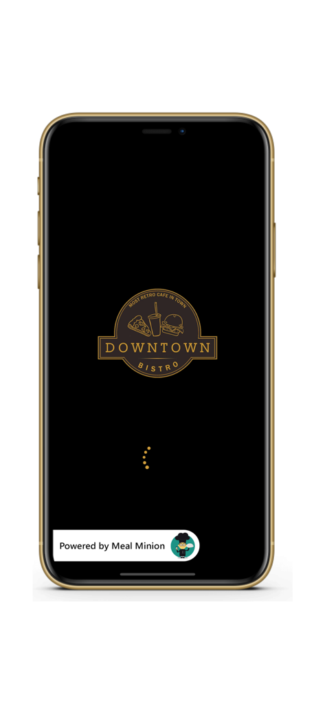Downtown Bistro - Pantalla de inicio de la aplicación Downtown Bistro mostrando el logotipo retro del café sobre un fondo negro con un icono de carga.