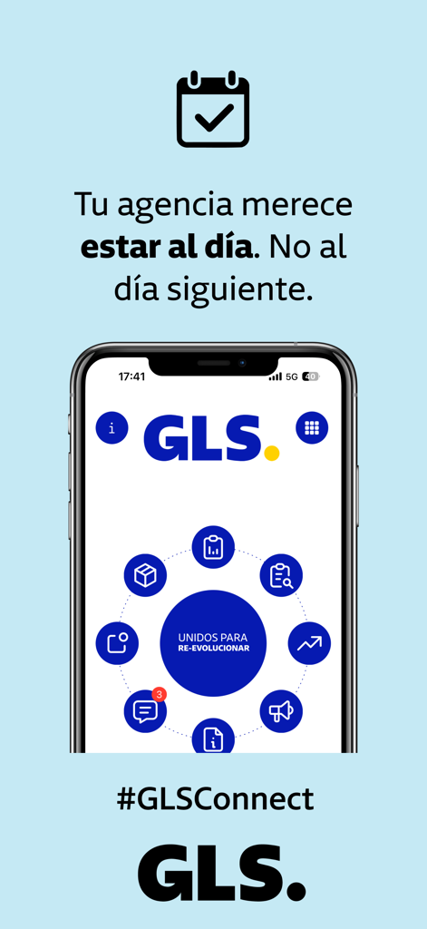 GLS Connect - Painel do aplicativo móvel GLS Connect mostrando um menu circular de ícones para gestão e comunicação de agências de logística.