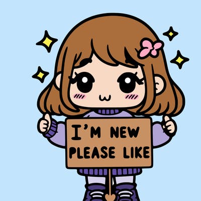 a cute girl holding a sign saying i’m new please like