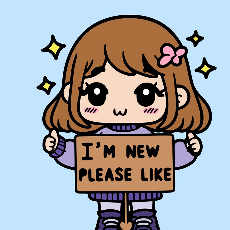 a cute girl holding a sign saying i’m new please like